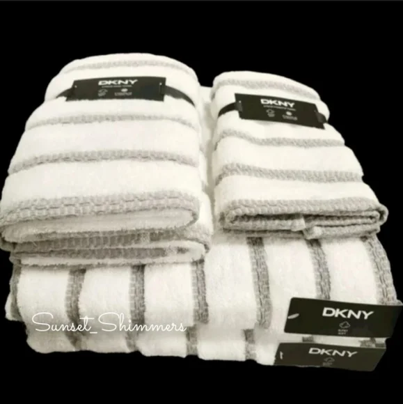 DKNY 6Pc 2 Bath 2 Hand 2 Tip Gray & White Striped 100% Cotton Towel Set New - Picture 1 of 6